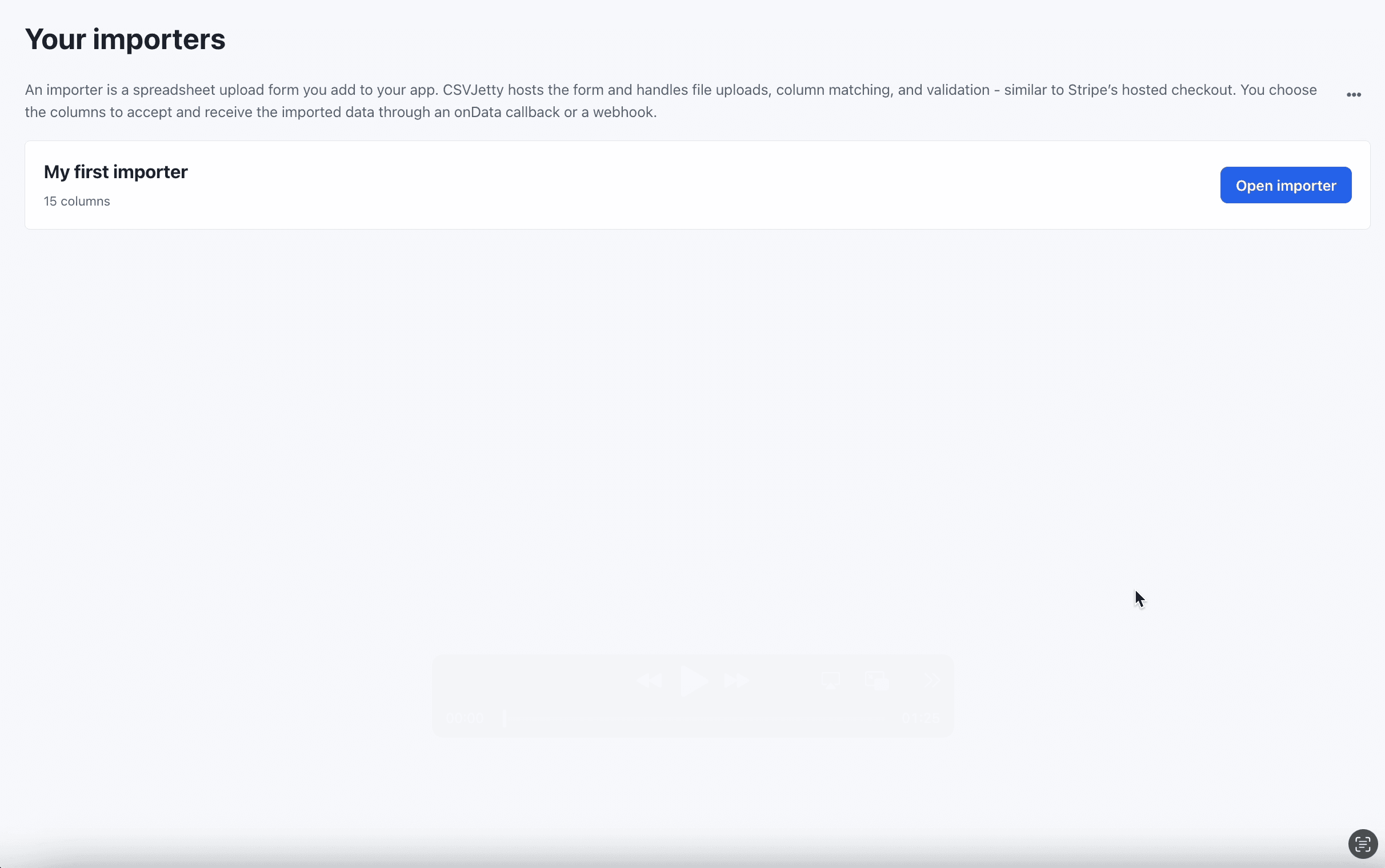 CSVJetty dashboard with saved importers