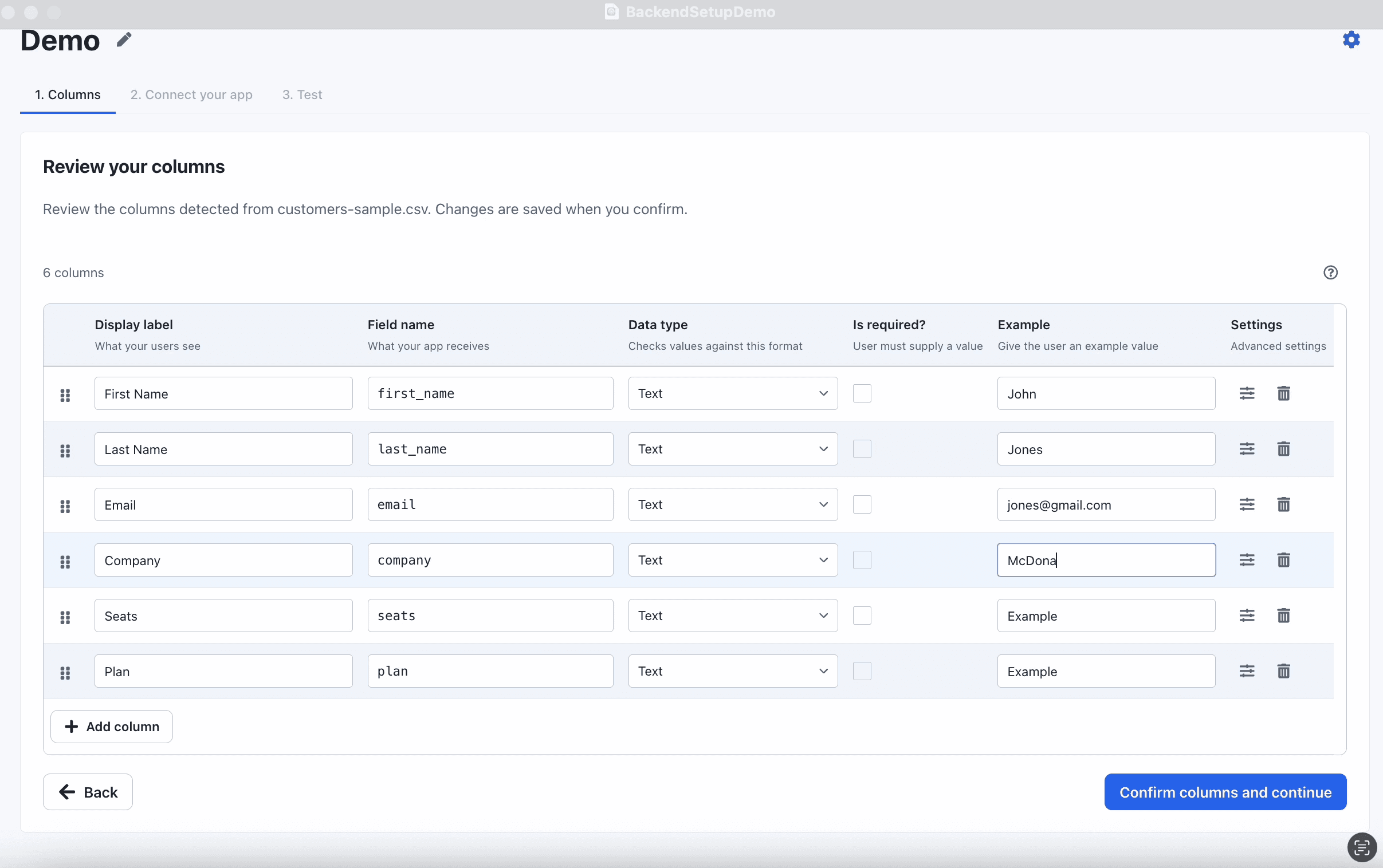 CSVJetty dashboard field configuration with labels, names, types, required values and examples