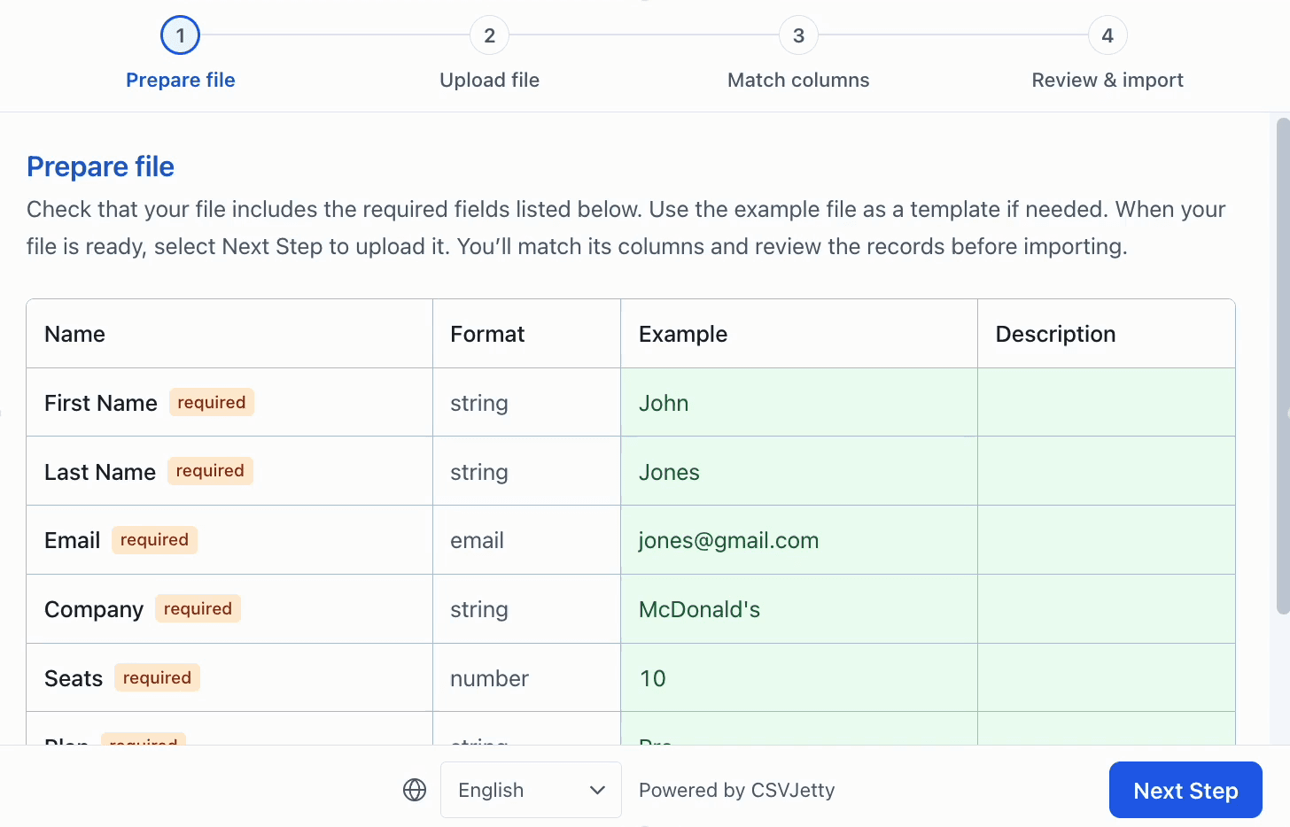 Destination fields shown before a CSV upload