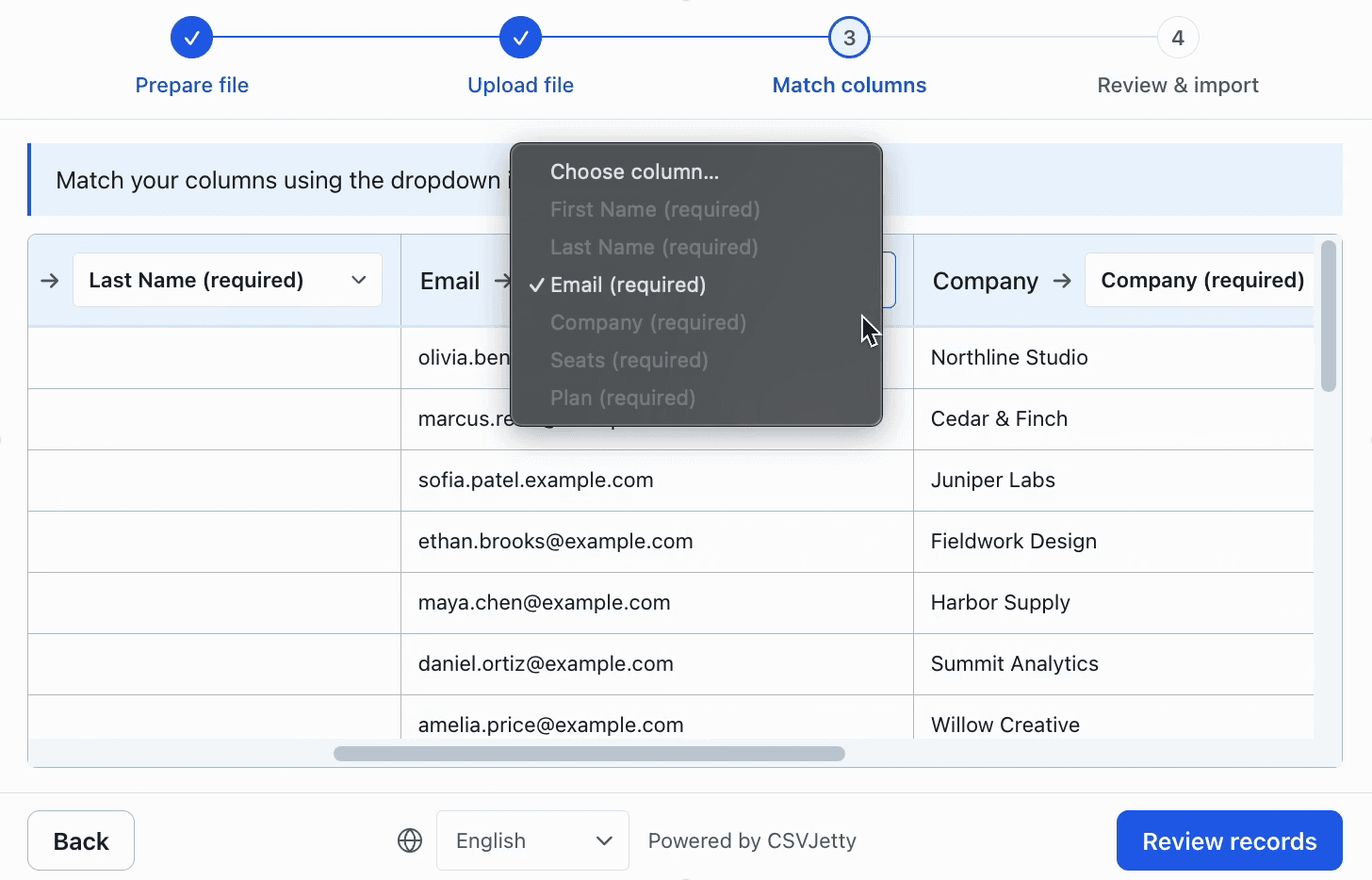 CSV records with dropdowns for matching source headers to destination fields