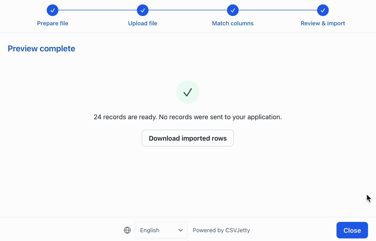 CSVJetty dashboard preview complete with no records delivered